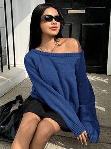 SHEIN EZwear Solid Khaki Raglan Sleeve Casual Sweater,Off The Shoulder Sweater In Fall/Winter - Royal Blue - View 3