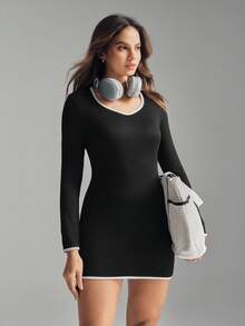 With My Calm Damen sportlich-lässiges Minikleid mit Kontrastbesatz