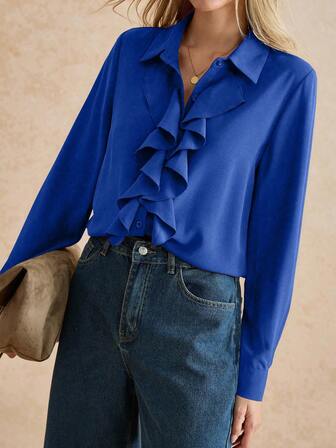 Écloséra Women's Solid Color Long Sleeve Ruffle Trim Loose Casual Shirt