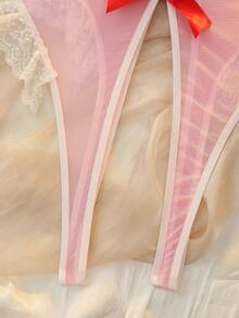 DelicateAllure Christmas Pink Bow Crotch Open Fluffy Trim Mesh Splice Contrast Color Sweet Cute Innocent Sexy Bodysuit For Women - Pink - View 5