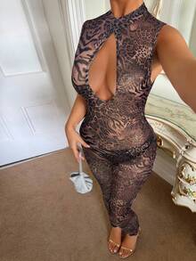 SHEIN SXY 女士豹纹斑马纹性感网纱镂空连体衣 - 鏽棕色 - 查看 3