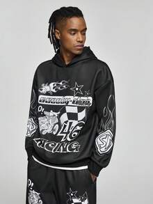 SCOOBY-DOO X SHEIN Conjunto de sudadera con capucha y pantalón de chándal con bolsillo con gráfico de letra y coche para hombre - Negro - Ver 5