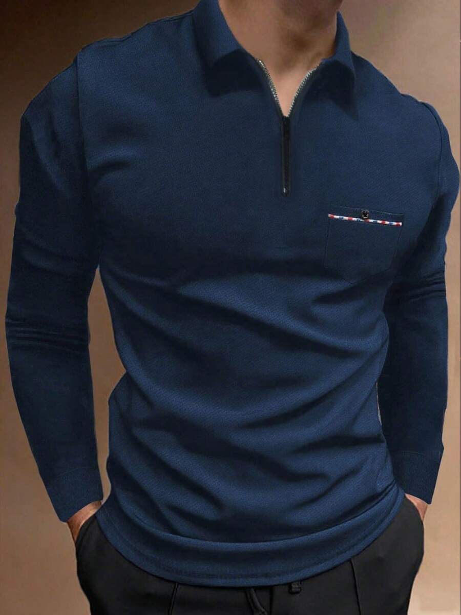 Manfinity Mode 男士长袖拉链休闲通勤Polo衫 - 藏蓝色 - 查看 1