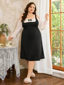 Côtesoire Plus Size Elegant Contrast Color Lace Off-Shoulder Nightgown Plus Size Nightgown Sexy Nightgown Plus Size Sleepwear Night Dress, For Fall & Winter