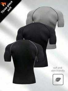 Manfinity Sport Corelite 3件装男士撞色拼接插肩短袖运动T恤，柔软透气，氨纶材质，健身压缩速干，男士压缩T恤，健身T恤套装 - 黑色 - 查看 2