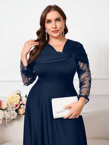 Reflora Plus Size Women Floral Embroidery Mesh Patchwork Asymmetrical Shoulder Elegant Dress - Navy Blue - View 4