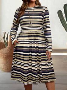 EMERY ROSE Plus Size Women Autumn Long Sleeve Striped Dress - Multicolor - View 3
