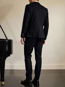 Manfinity Bizformal Men's Solid Color Single-Breasted Suit Set, Lapel, Men's 2 Pieces Suit, Wedding Suit, Can Be Easily Matched With Wedding, Party, Business, Graduation Ceremony, Date, Work, Meeting, Ball And Other Formal Business Suits (Suit Jacket And Trousers), A Great Gift For Friends, Fathers, Brothers And Sons Men S Jacket Suit Double Breasted Blazer Men Men Blazer Suit Black And Gold Men Suit Men Double Breasted Suit - Black - View 2