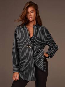 Athîral 女士黑色条纹落肩长袖单扣休闲宽松衬衫，条纹女式上衣，长袖条纹衬衫，商务女士衬衫 - 深灰色 - 查看 7