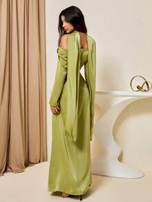 Lyxana Elegant Women's Olive Green Autumn Tropical Cocktail Wedding Party Dress,Off-Shoulder Twist Tie Strap,Acetate Satin Front Slit Long Mermaid Gown - Green - View 2