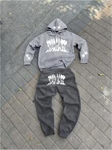 GENIUS ODE Bộ 2 áo hoodie và quần nỉ in chữ thường ngày cho nam, Thu/Đông - Nhiều màu - Xem 1