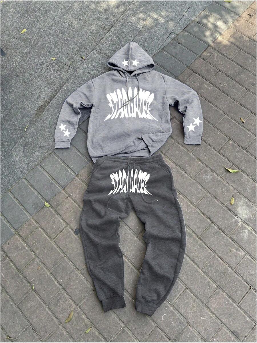 GENIUS ODE Bộ 2 áo hoodie và quần nỉ in chữ thường ngày cho nam, Thu/Đông - Nhiều màu - Xem 1