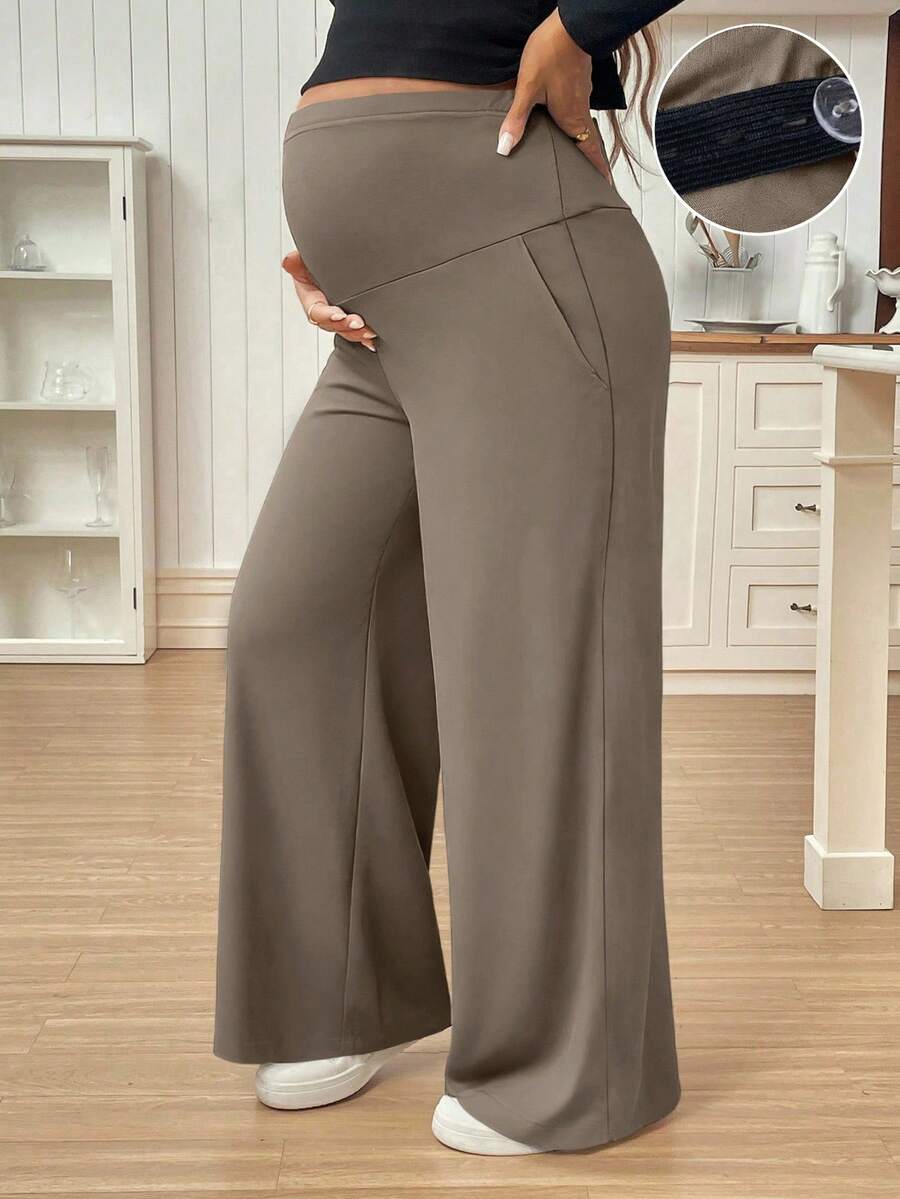 SHEIN Maternity Solid Color Adjustable Waist Pocket Wide Leg Loose Pants - Khaki - View 1
