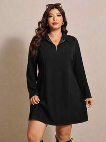 Elaquor Plus Size Casual Minimalist Navy Blue Loose Half-Zip Women Dress, Autumn/Winter - Black - View 3