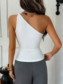 DAZY Women's Summer Twist Knot Asymmetrical Shoulder Fitted Sexy Camisole Y2k - White - View 2