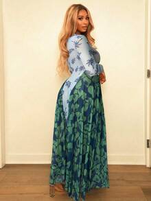 BamGleam 女士新款时尚网纱印花修身连衣裙，大面积展示，适合度假、派对和婚礼等场合。 - 藍色 - 查看 2