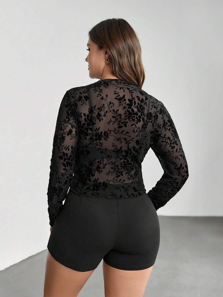 Plus Size Lace Mesh Sheer Sexy Long Sleeve Blouse
