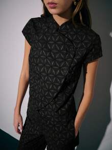 Nöista Two Pieces Coordinated Set Featuring A Short-Sleeve Top And Wide-Leg Pants With Geometric Pattern Detailed Chinese Buttons - Black - View 5