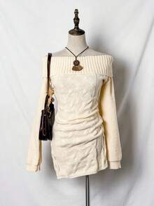 SHEIN Unity Vestido de punto casual de hombros descubiertos de unicolor para mujer, otoño/invierno - Albaricoque - Ver 1