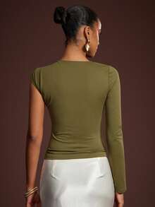 L'Amorae Asymmetric Single Sleeve Twist Metal Decor Top - Army Green - View 6