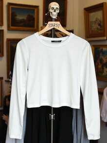 Mujer crop top estilo urbano  estampado mariposa gráfico moda tejido elástico ajustado cuello redondo manga larga primavera verano uso diario - Blanco - Ver 4
