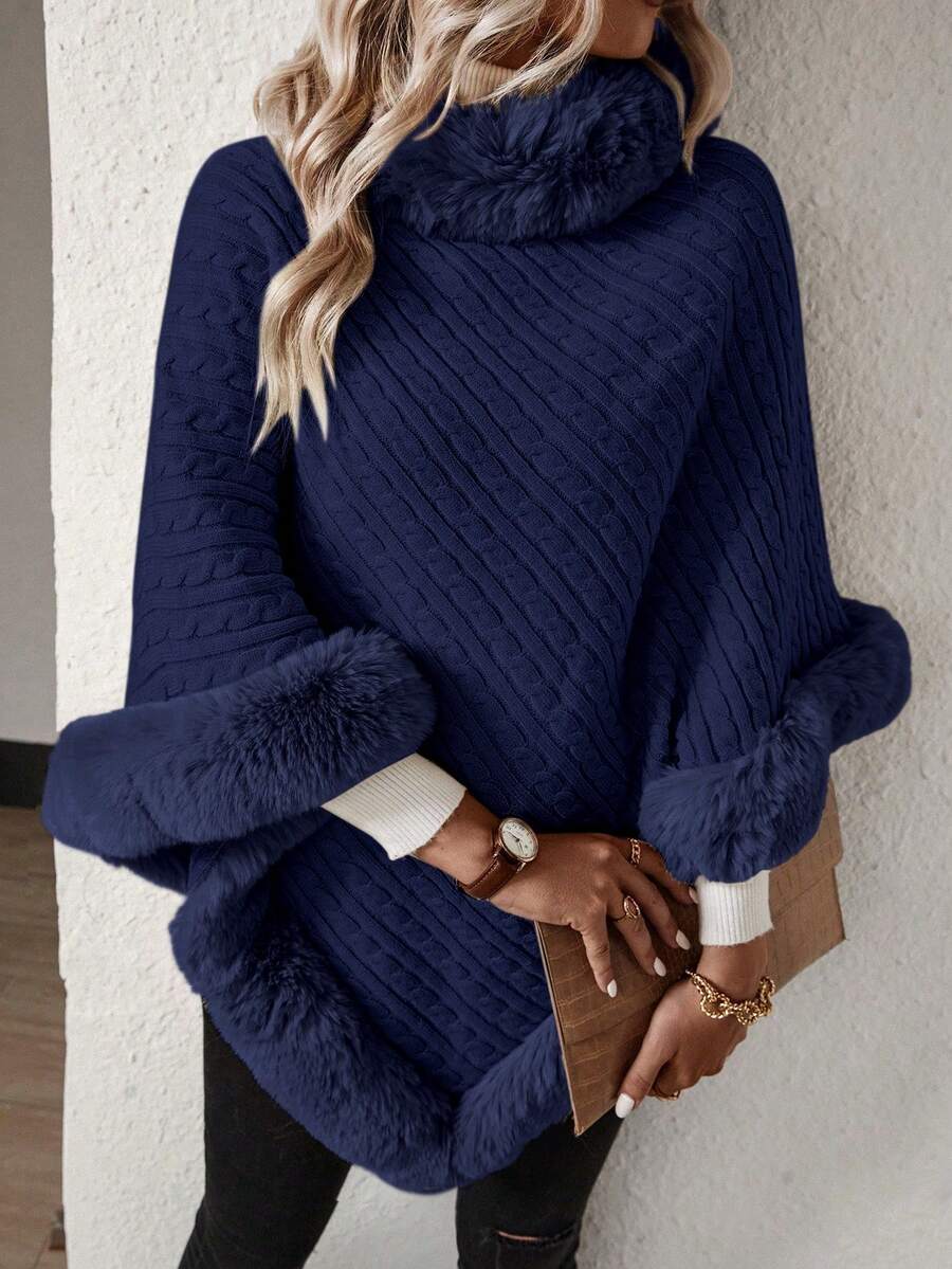 EMERY ROSE Women's Loose Solid Color Poncho Faux Fur Fashion Sweater, Autumn/Winter - Blue - View 1