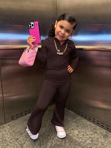 SHEIN Young Girl 2pcs Set Stand Collar Zipper Solid Color Long Sleeve Top And Long Pants,Pint,Great For Casual & Daily Wear & School Daily In Summer & Autumn - Brown - View 3