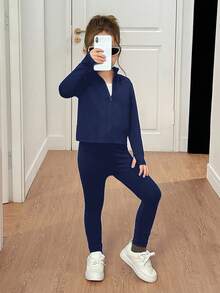 SHEIN Young Girl Yoga Gym Sports Zip-Up Mock Neck Knit Top & High Waist Leggings Winter Set,Back To School Two Pieces Workout Activewear Athletic Outfit - Navy Blue - View 7