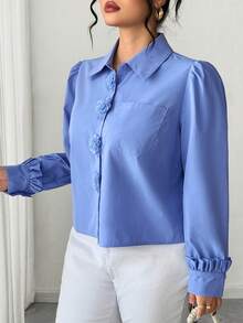 Elenzga Große Größen Blumen Knopf Kragen einfarbige Strickjacke, elegante Bluse - Blau - Übersicht 5