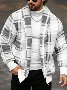 Manfinity Homme 男士休闲简约风格夹克，适合日常穿着，男士夹克，适合圣诞节、新年假期、聚会、晚宴、秋冬季男士都市保暖夹克格子彩色长袖美式夹克，适合朋友、丈夫、男朋友的礼物 - 彩色 - 查看 3