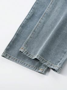 SHEIN Explorewe Jeans a gamba dritta per ragazze pre-adolescenti, denim blu vintage vintage, estetica Y2K, casual all'aperto dolce e alla moda, in comodo cotone, decorati con ricamo a farfalla, vita elastica, versatili per scuola, feste, viaggi, autunno - Blu lavato medio - Visualizzare 6