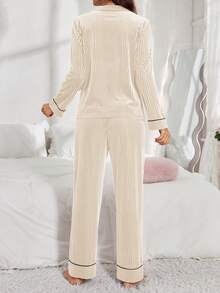 Velvet Women's Cardigan Long Sleeve Top & Pants Pajama Set, Fall & Winter Clothes - Apricot - View 2