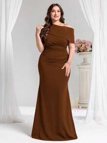 Coutiva Plus Size Solid Color Minimalist Formal Evening Gown - Khaki - View 6