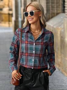 SHEIN Clasi Camicia casual da donna a maniche lunghe con bottoni e stampa a quadri, adatta per l'autunno, l'inverno, feste, Capodanno e Natale