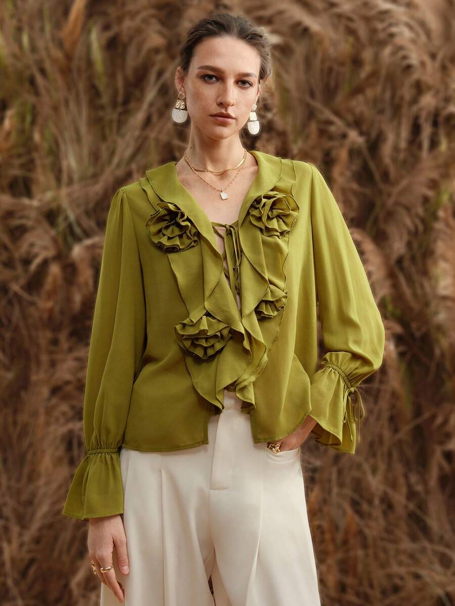 Chiquease Women's Solid Color 3D Floral Decor Long Sleeve Boat Neck Ruffle Chiffon Blouse - Mustard Yellow - View 1