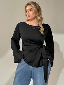 Auralis Áo kiểu nữ cỡ lớn thời trang thu đông, thanh lịch, rộng rãi, thoải mái, tay loe thắt nơ bằng satin màu đen, thích hợp mặc hàng ngày, kiểu dáng mùa thu, áo nữ, trang phục công sở, áo đi làm. - màu đen - Xem 3