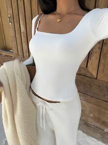 FavEase Women's Casual Minimalist Sexy Backless Thermal Long Sleeve Crew Neck T-Shirt With Chest Pads, Autumn - White - View 3