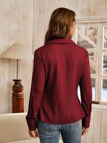 LanaWest 女士西部波西米亚风纹理面料翻领长袖高端设计前褶皱单排扣衬衫，优雅教师款，适合万圣节、秋季新款时尚小众设计百搭常规衬衫 - 酒紅色 - 查看 2