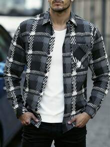 Manfinity Homme Men's Casual Plaid Print Button Woolen Streetwear Black And White Long Sleeve Overcoat Old Money, Fall/Winter