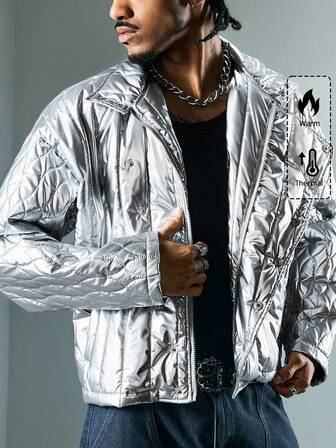 Friday the 13th X ROMWE Street Life Men's Front Button Stand Collar Lightweight Padded Coat, Autumn/Winter