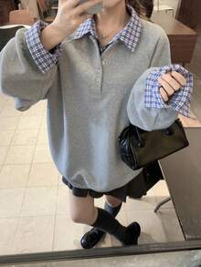 DAZY 女式格子拼接休闲长袖运动衫秋冬 - 灰色 - 查看 5