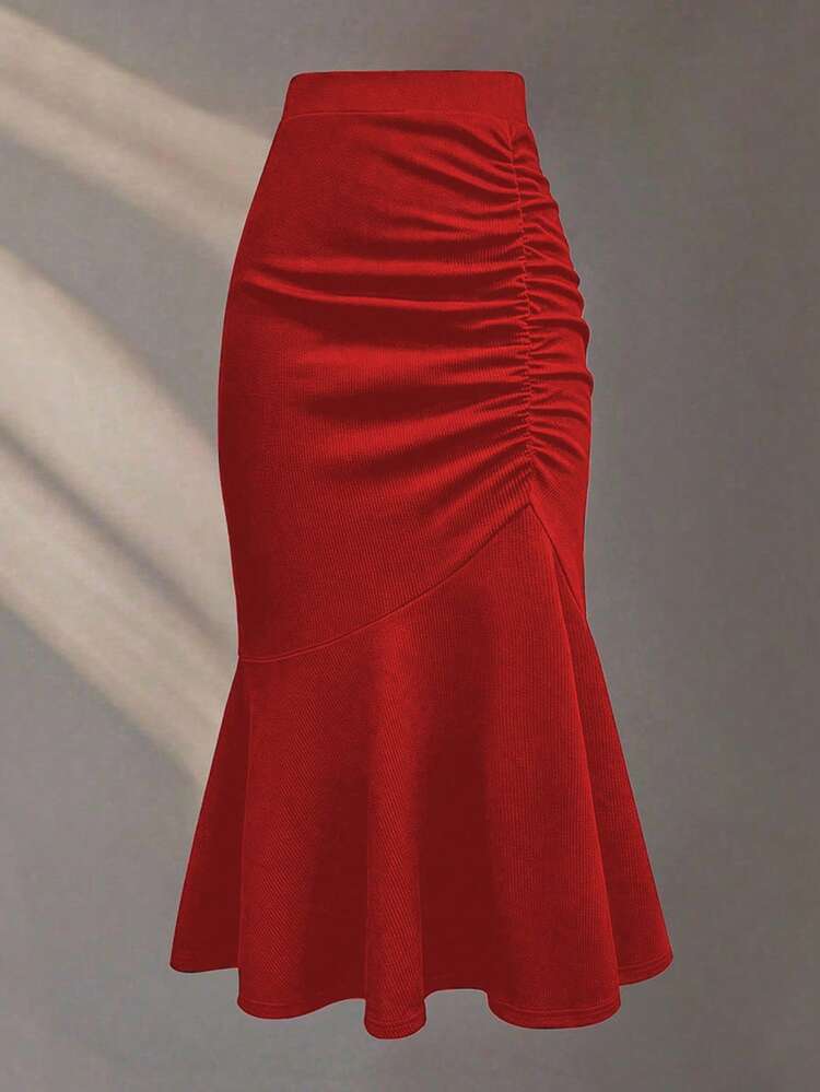 SHEIN Franclia Elegant Commuter Solid Color Ruched Fishtail Skirt - Red - View 1