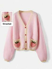 ROMWE Kawaii Strawberry Pattern Bishop Sleeve Cardigan, School