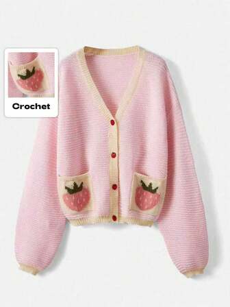 Kawaii Strawberry Pattern Bishop Sleeve Cardigan, School