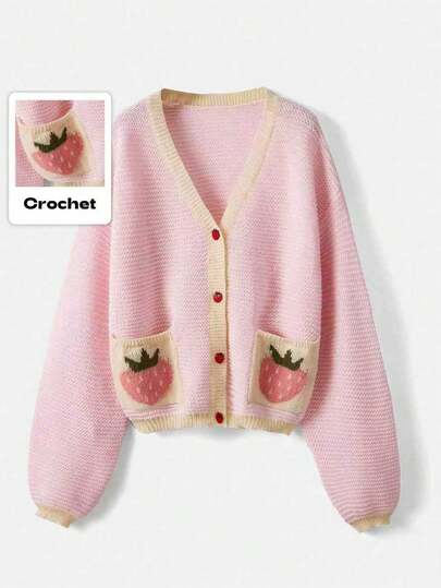 ROMWE Kawaii Strawberry Pattern Bishop Sleeve Cardigan, School