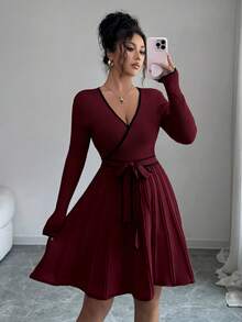 SHEIN Elenzya Women's Elegant Fitted V-Neck Contrast Trim Ribbed Texture Peplum Hem Sweater Dress, Autumn/Winter - Burgundy - View 3