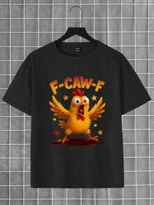 Men's Black Summer Cute Streetwear City Break T-Shirt,Fashionable Cartoon Star Chick Letter Graphic Print Basic Short Sleeve,Street Style,Holiday - Black - View 3
