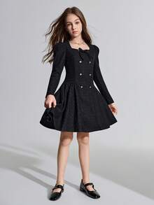 Ontre Tween Girl Black Chiffon Bow Gold Double-Breasted Pleated Dress - Black - View 1