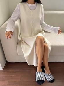 DAZY 女士针织无袖长裙家居服，秋冬 - 白色 - 查看 6