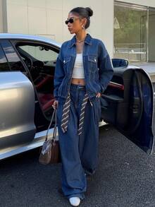 Muchica 女士秋季落肩长袖拉链休闲牛仔外套 - 藍色 - 查看 5